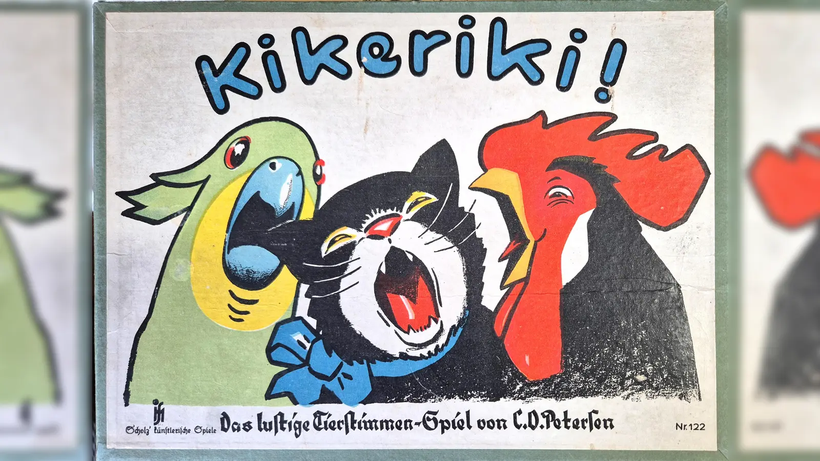 Kikeriki. Das lustige Tierstimmen-Spiel von C. O. Petersen (Josef Scholz Verlag, Mainz, ca. 1930). (Foto: Museen der Stadt Nürnberg, Deutsches Spielearchiv)